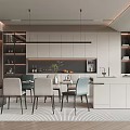 Modern Restaurant Interior Design With Open Kitchen Dining Table Chairs Cabinets And Pendant Lights 3d model