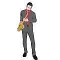 A man in gray striped suit and red shirt playing golden saxophone