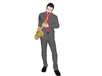 A man in gray striped suit and red shirt playing golden saxophone 3d model