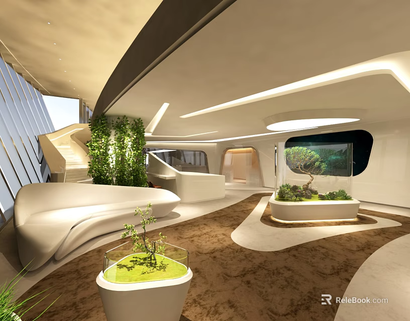 Modern Futuristic Lobby Interior With Curved Design Green Plants And Lighting 3d model 