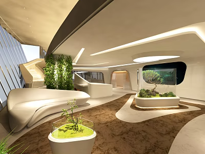 Modern Futuristic Lobby Interior With Curved Design Green Plants And Lighting 3d model