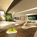Modern Futuristic Lobby Interior With Curved Design Green Plants And Lighting