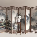 Traditional Chinese Folding Room Divider With Mountain Water Painting And Wooden Frame