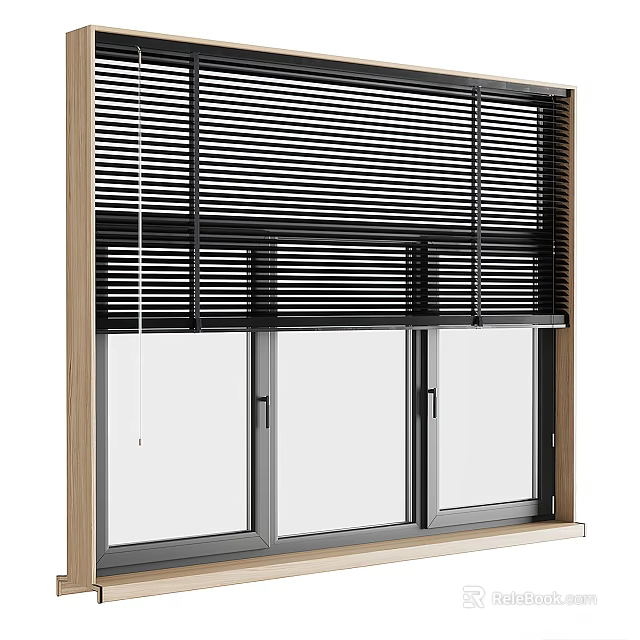 Modern Window With Black Slatted Blinds And Wooden Frame Glass Design 3d model 