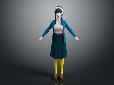3D Female Character With White Headscarf Blue Cardigan Dark Blue Skirt Yellow Stockings Arms Outstretched 3d model