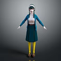 3D Female Character With White Headscarf Blue Cardigan Dark Blue Skirt Yellow Stockings Arms Outstretched