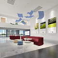 Modern Front Reception Area With Red Sofas Blue Decorations Wall Posters And Open Layout 3d model