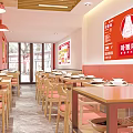Cozy Restaurant With Pink Walls Food Posters Wooden Tables And Pink Pendant Lights