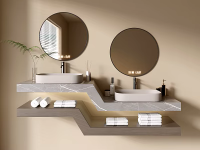 Bathroom Cabinet Rack with Double Round Mirrors Marble Countertops Towels and Small Plant 3d model