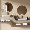 Bathroom Cabinet Rack with Double Round Mirrors Marble Countertops Towels and Small Plant