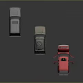 Gray Camouflage Green and Red Toy Cars with Open Doors Displayed on Dark Surface