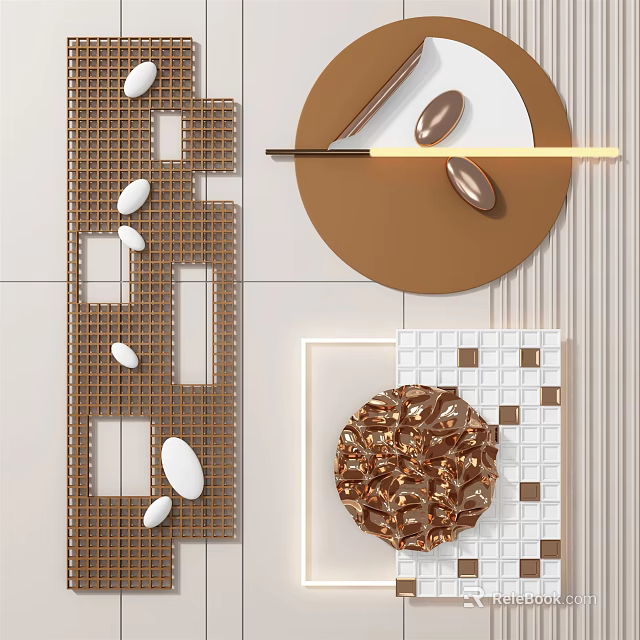 Modern Wall Decor With Geometric Patterns Copper Round Accents And Textured Elements 3d model
