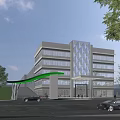 Modern Office Building Exterior Design With Glass Curtain Walls Green Canopy And Trees