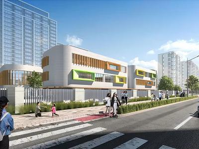 Modern School Building Exterior Design With Students Pedestrians And Green Areas Along Road 3d model