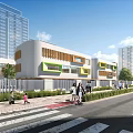 Modern School Building Exterior Design With Students Pedestrians And Green Areas Along Road