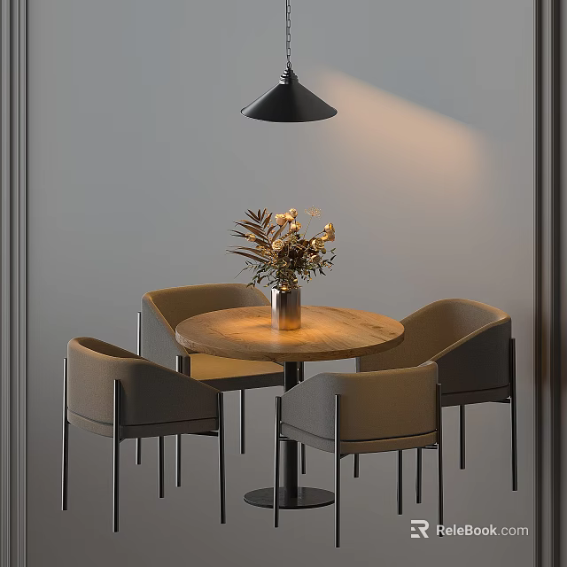 Round Wooden Table And Gray Chairs With Vase Of Flowers And Hanging Black Pendant Light 3d model 