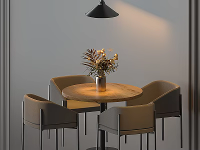 Round Wooden Table And Gray Chairs With Vase Of Flowers And Hanging Black Pendant Light 3d model