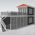 Two Story Container Building With Red Roof Balcony Railing Staircase And Large Windows