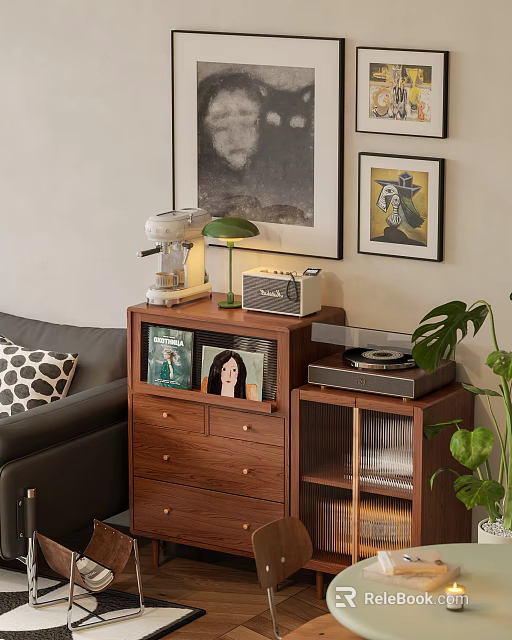 Wooden Console Cabinet with Drawers Coffee Machine Green Table Lamp and Vinyl Record Player 3d model 