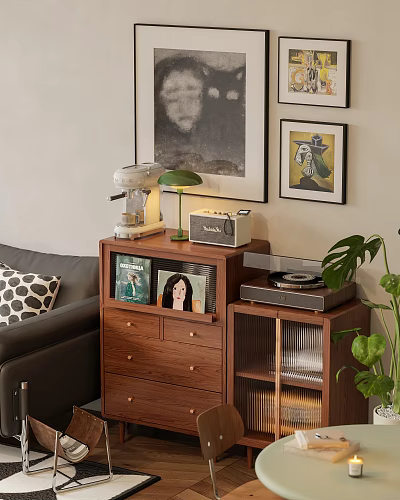 Wooden Console Cabinet with Drawers Coffee Machine Green Table Lamp and Vinyl Record Player 3d model