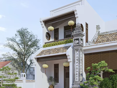 Traditional Ancient Building Exterior With White Walls Tile Roof Hanging Lanterns Stone Pillar And Greenery 3d model