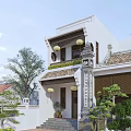 Traditional Ancient Building Exterior With White Walls Tile Roof Hanging Lanterns Stone Pillar And Greenery