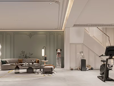Modern Basement Design With Living Area Gym Equipment And Staircase 3d model