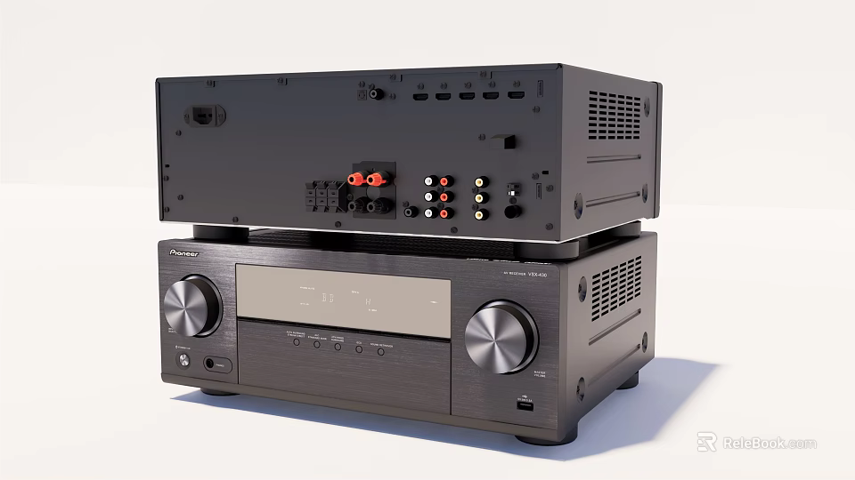 Black Home Audio System Stacked AV Receiver With Display Screen Multiple Ports And Control Knobs 3d model 