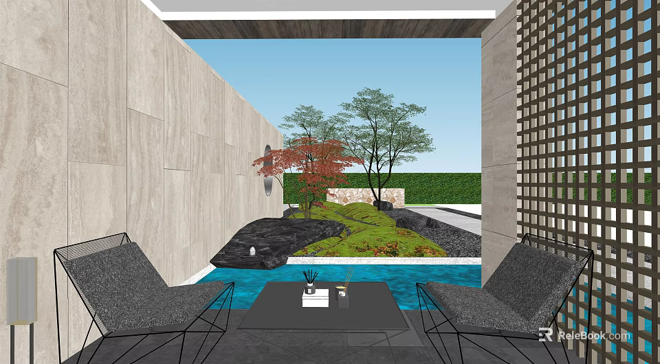 Modern Garden Landscape With Water Pond Green Plants And Outdoor Seats 3d model 