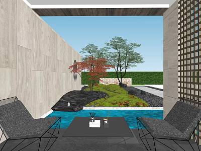 Modern Garden Landscape With Water Pond Green Plants And Outdoor Seats 3d model