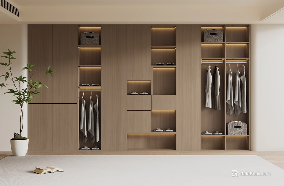 Modern Closet Interior Design With Wooden Cabinets Shelves Hanging Clothes And Storage Baskets 3d model 