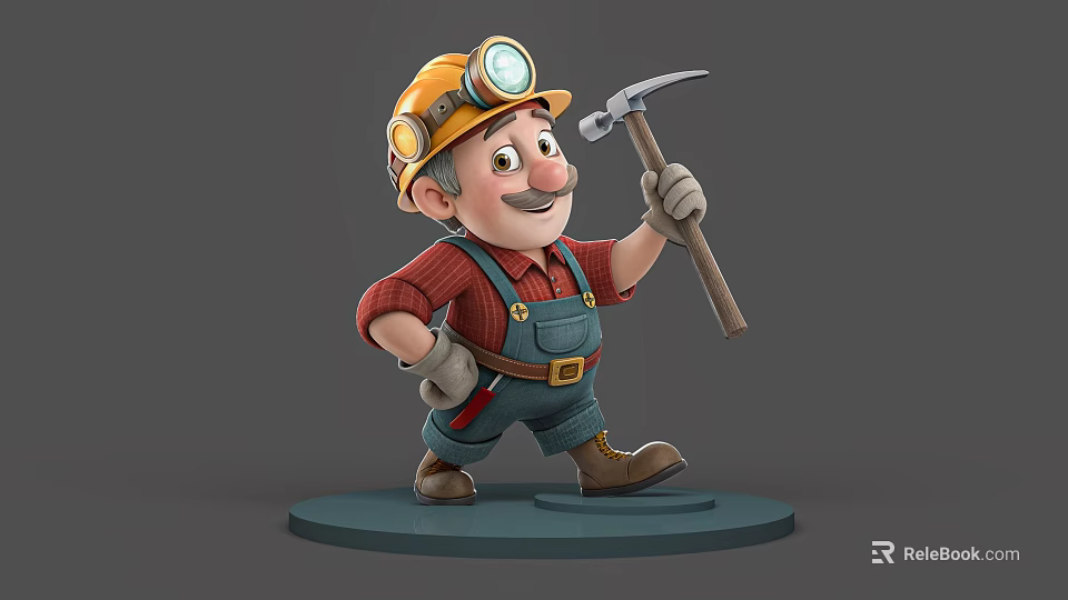 Smiling Man In Yellow Hard Hat With Headlamp Holding Hammer Red Plaid Shirt Blue Overalls 3d model 