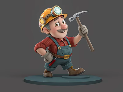 Smiling Man In Yellow Hard Hat With Headlamp Holding Hammer Red Plaid Shirt Blue Overalls 3d model