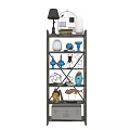 Decorative Ornament Arrangement On Multi tiered Metal Shelves With White Brick Wall