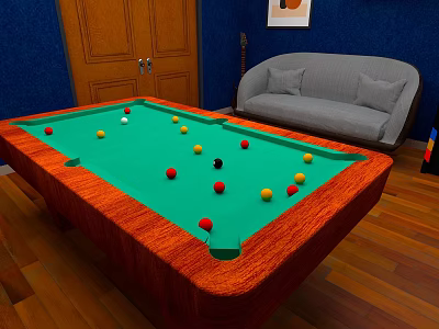 Billiard Table With Wooden Frame Green Felt Surface Colored Balls Gray Sofa And Blue Walls 3d model