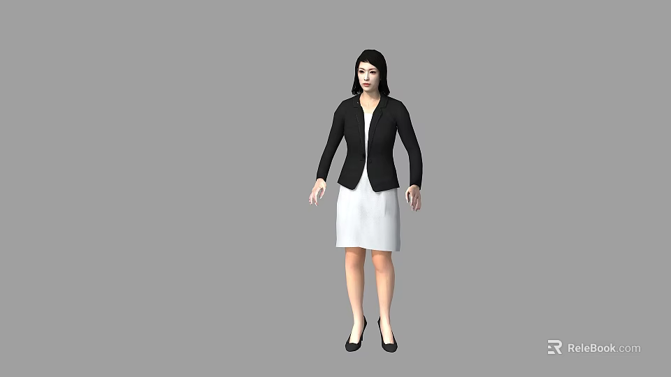 Woman Wearing Black Blazer and White Skirt Standing with High Heels in Simple Pose 3d model 