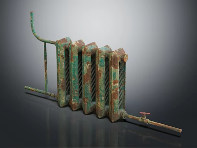 Old Rusty Green Radiator With Multiple Fins Metal Pipes And Valve 3d model