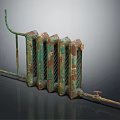 Old Rusty Green Radiator With Multiple Fins Metal Pipes And Valve