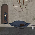 Blue Curved Single Sofa with Plush Design Potted Plant Hanging Light and Sculpture