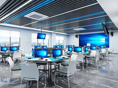 School Modern Computer Classroom With Computers Blue Screens White Desks And Chairs Spacious Windows 3d model