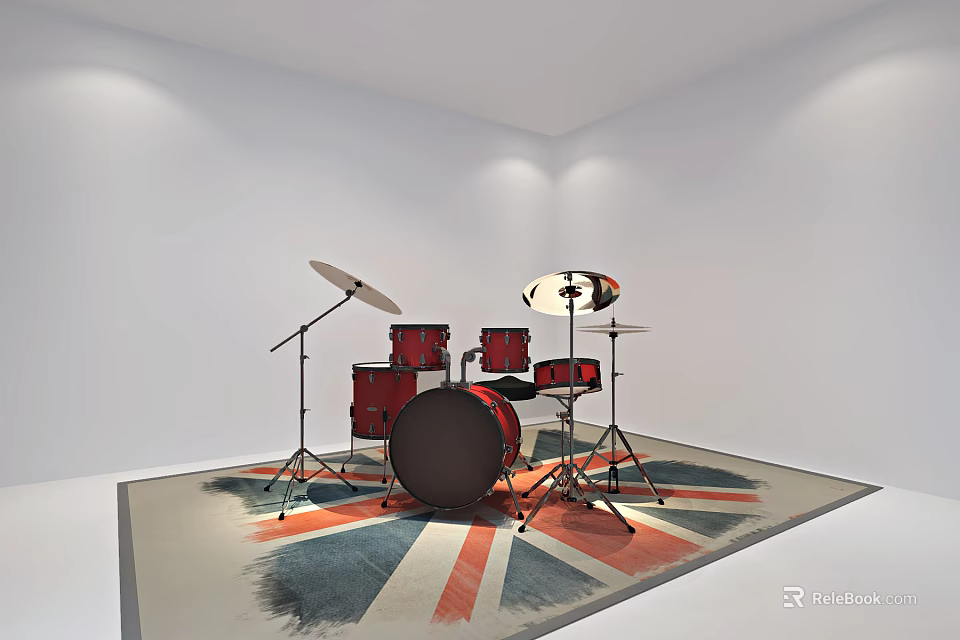 Red Drum Set with Cymbals on Painted Union Jack Rug in White Room 3d model 