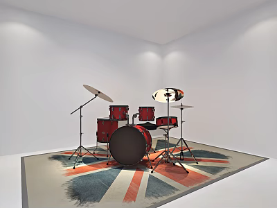 Red Drum Set with Cymbals on Painted Union Jack Rug in White Room 3d model