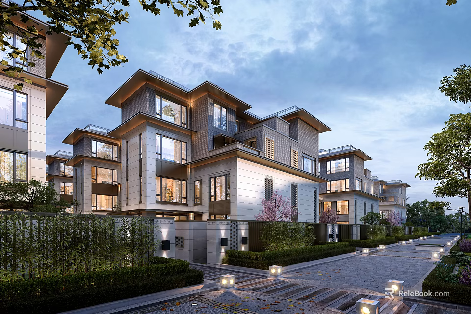 Modern Elegant Detached Villa Exterior With Courtyard Greenery Multi Story Design And Ambient Lighting 3d model 