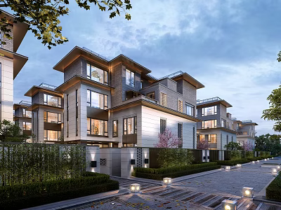 Modern Elegant Detached Villa Exterior With Courtyard Greenery Multi Story Design And Ambient Lighting 3d model