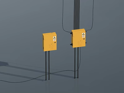 Yellow Industrial Control Boxes With Electrical Wires And Safety Labels 3d model