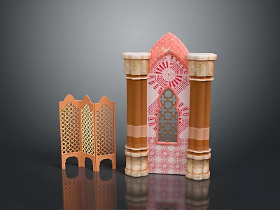 Traditional Islamic Inspired Decorative Furniture Set With Carved Wooden Screen And Patterned Columns 3d model