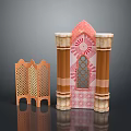 Traditional Islamic Inspired Decorative Furniture Set With Carved Wooden Screen And Patterned Columns