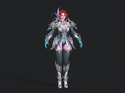 Group of Fantasy Female Warriors in Ornate Armor with Red Hair and Blue Accents 3d model