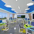 Modern Classroom With Computers Desks Blue Ceiling Windows And Interactive Board 3d model