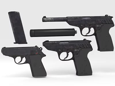 Detailed Display of Three Different Black Pistols with Magazine and Silencer 3d model